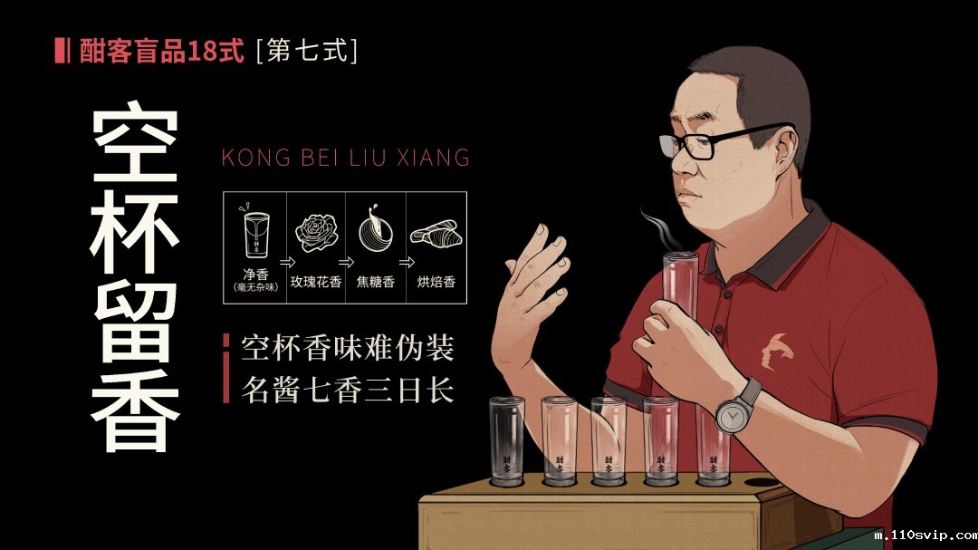 空杯留香  喝酒后静置空杯，其味由净香、玫瑰花香、焦糖香、烘焙香依次转变，留香持久的，为好酒。